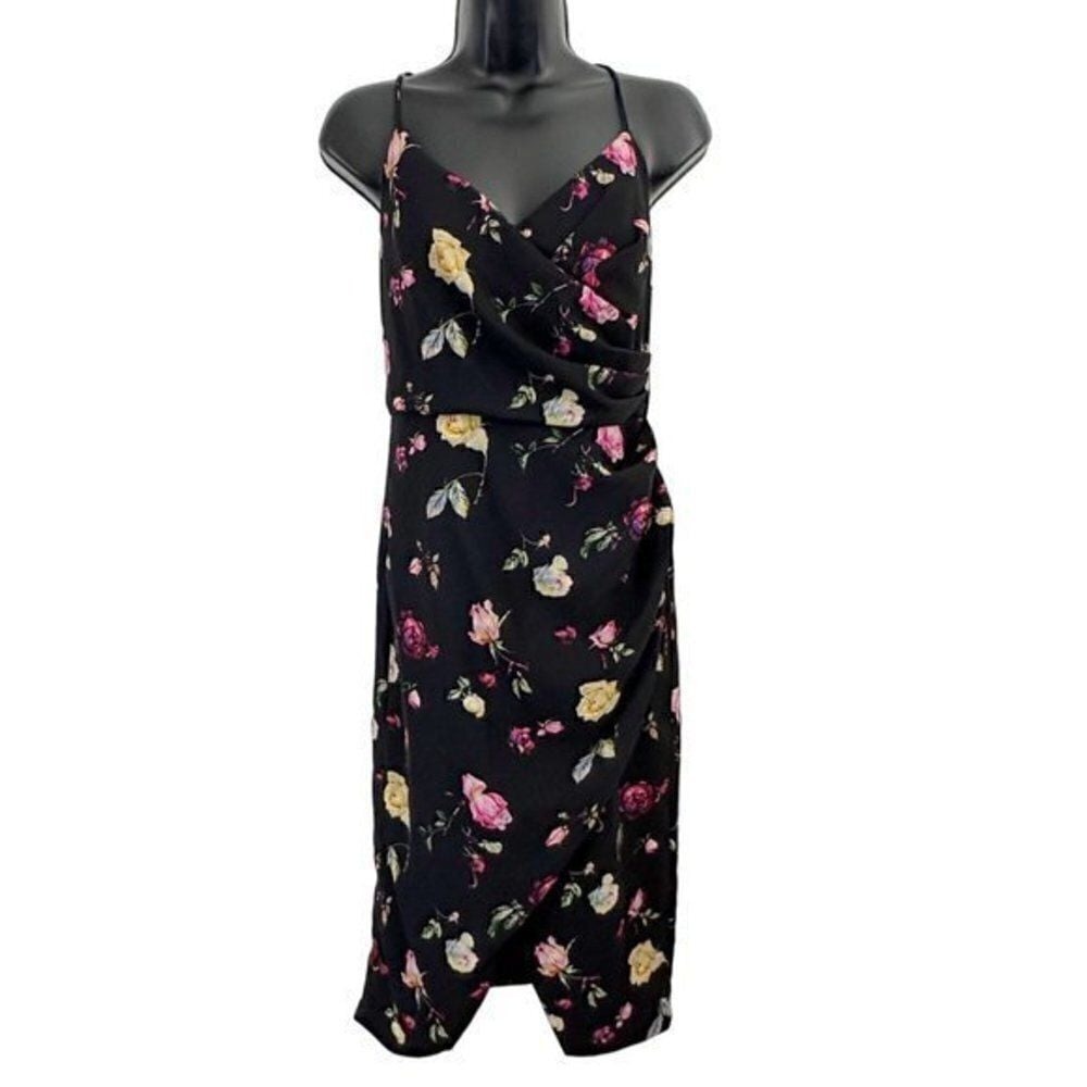 Flor Et.Al Danielle Floral Faux Wrap Crepe Midi Dress Black 6 Romantic Luxe